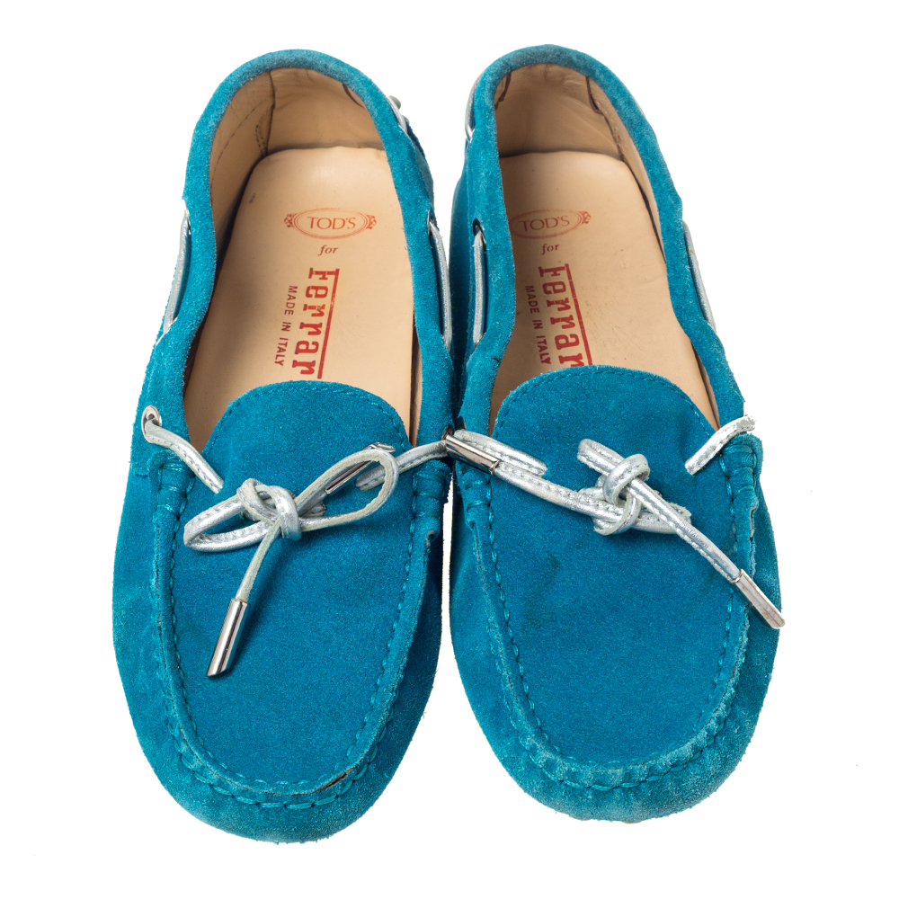 Tod's For Ferrari Teal Blue Suede Bow Loafers Size 35.5