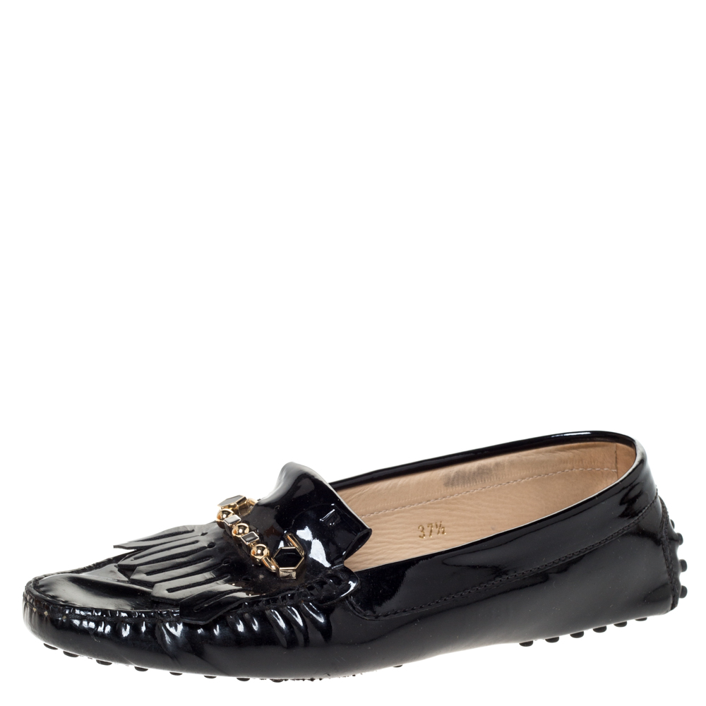 Image of Tod's Black Patent Leather Fringe Loafers Size .