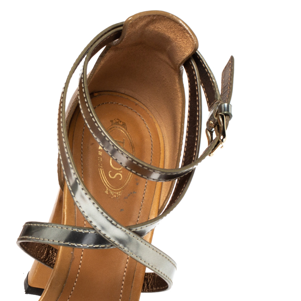 Tod's Light Brown/Metallic Leather Criss Cross Platform Sandals Size 40