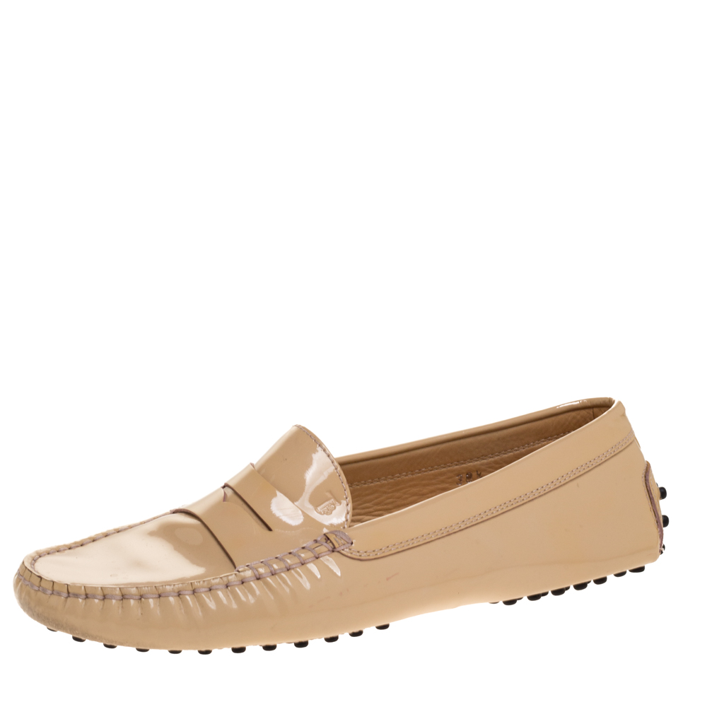Image of Tod's Beige Patent Leather Penny Loafers Size .