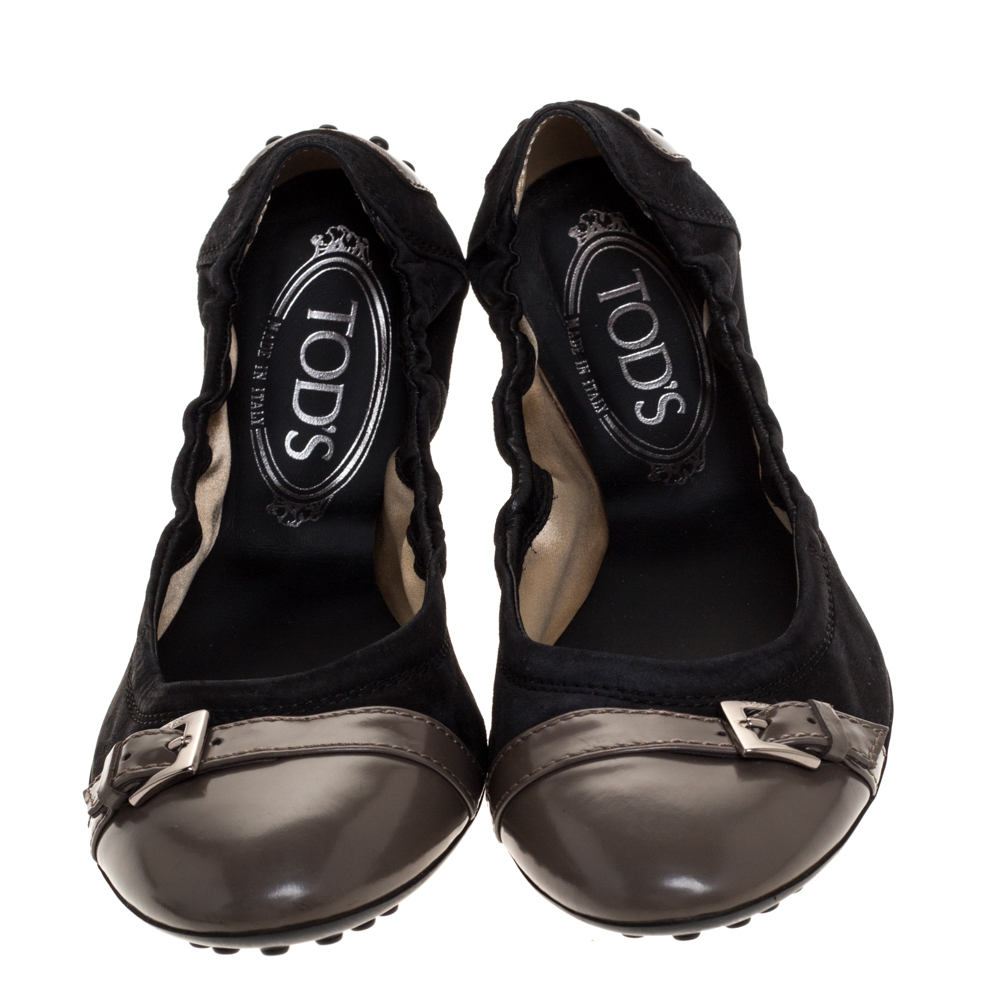 Tod's Black/Grey Leather And Suede Buckle Detail Scrunch Ballet Flats Size 36