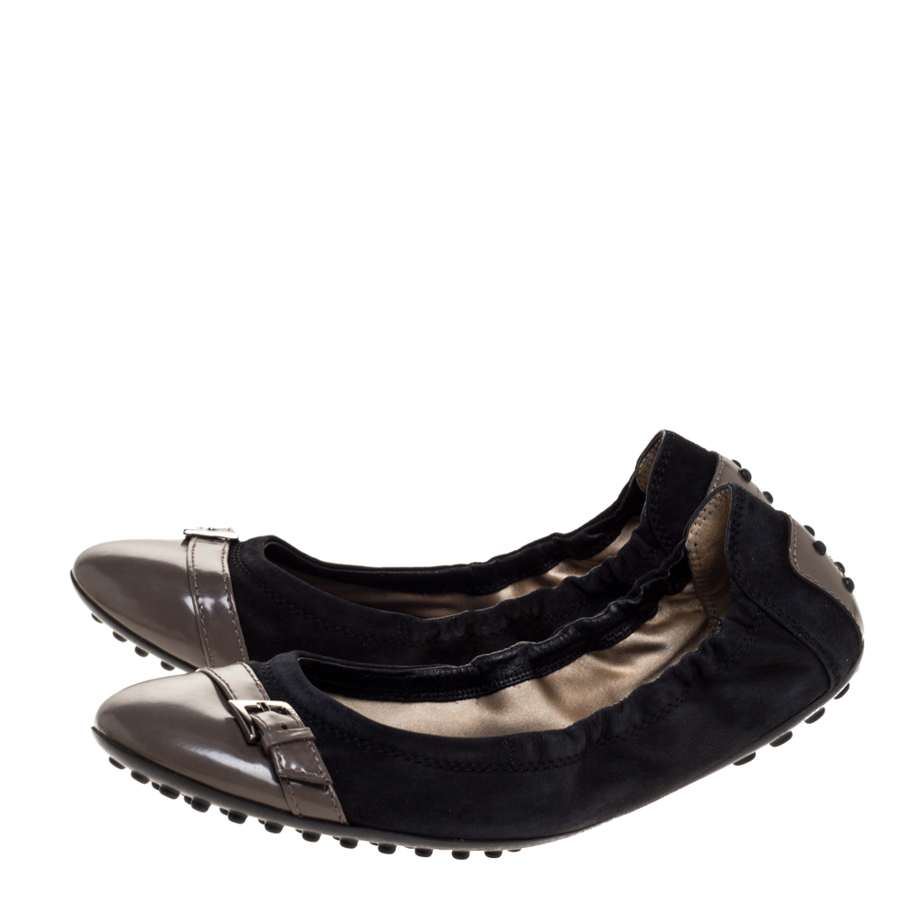 Tod's Black/Grey Leather And Suede Buckle Detail Scrunch Ballet Flats Size 36