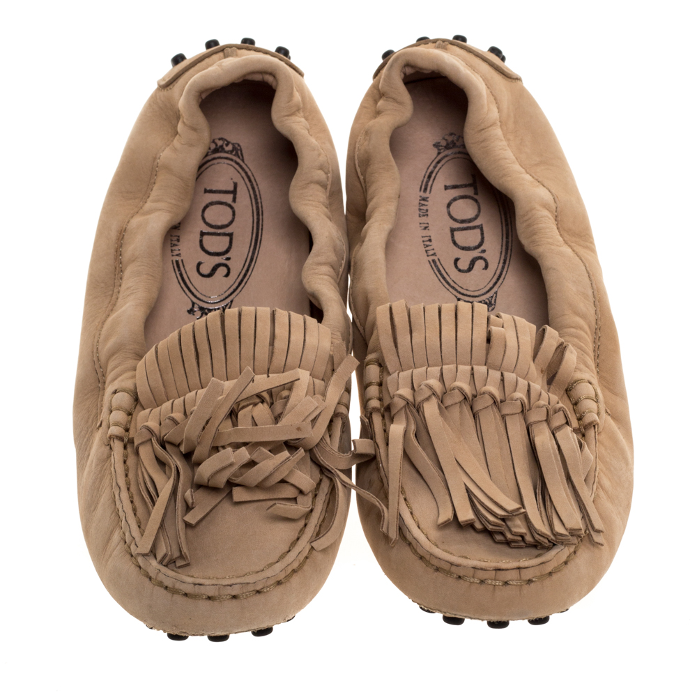Tod's Beige Suede Fringe Detail Scrunch Loafers Size 37