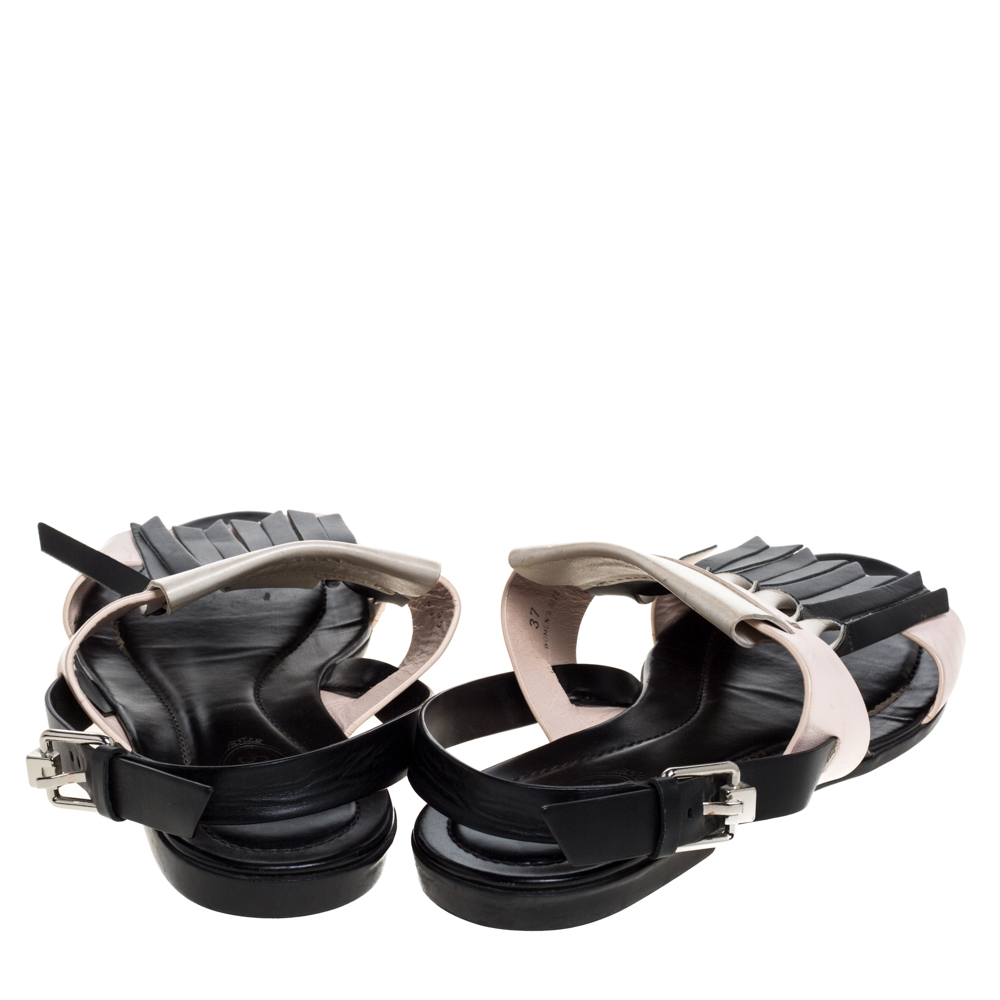 Tod's Tricolor Leather Fringe Detail Flat Sandals Size 37