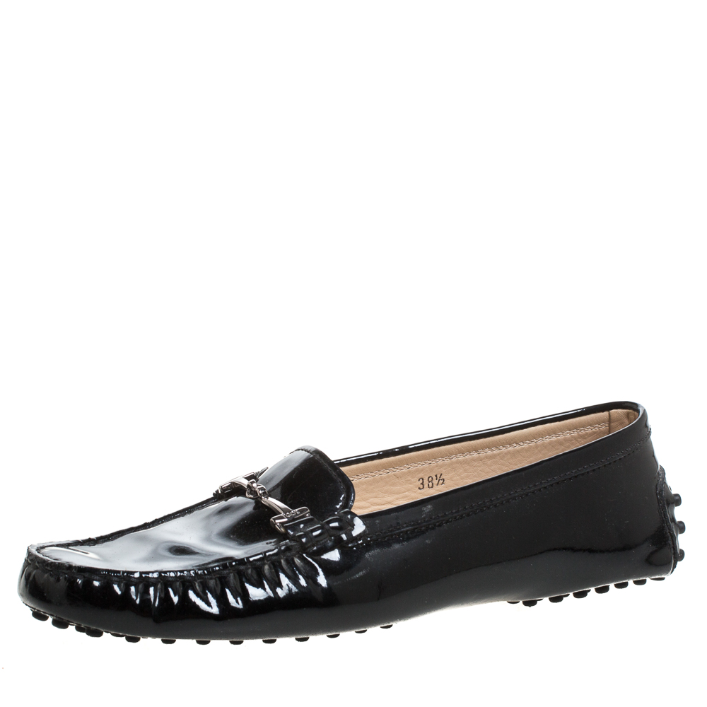 Image of Tod's Black Patent Leather Double T Loafers Size .