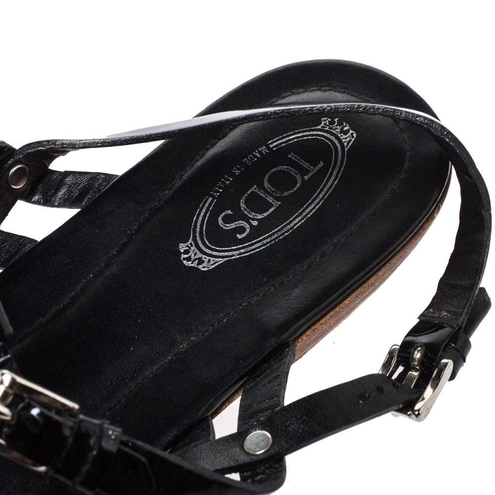 Tod's Black Patent Leather Strappy Buckle Detail Flat Sandals Size 37.5