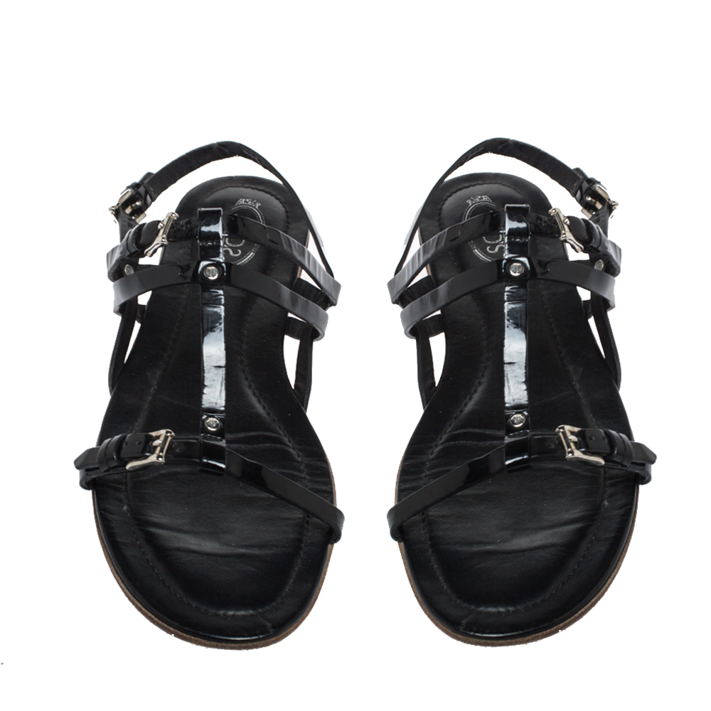 Tod's Black Patent Leather Strappy Buckle Detail Flat Sandals Size 37.5