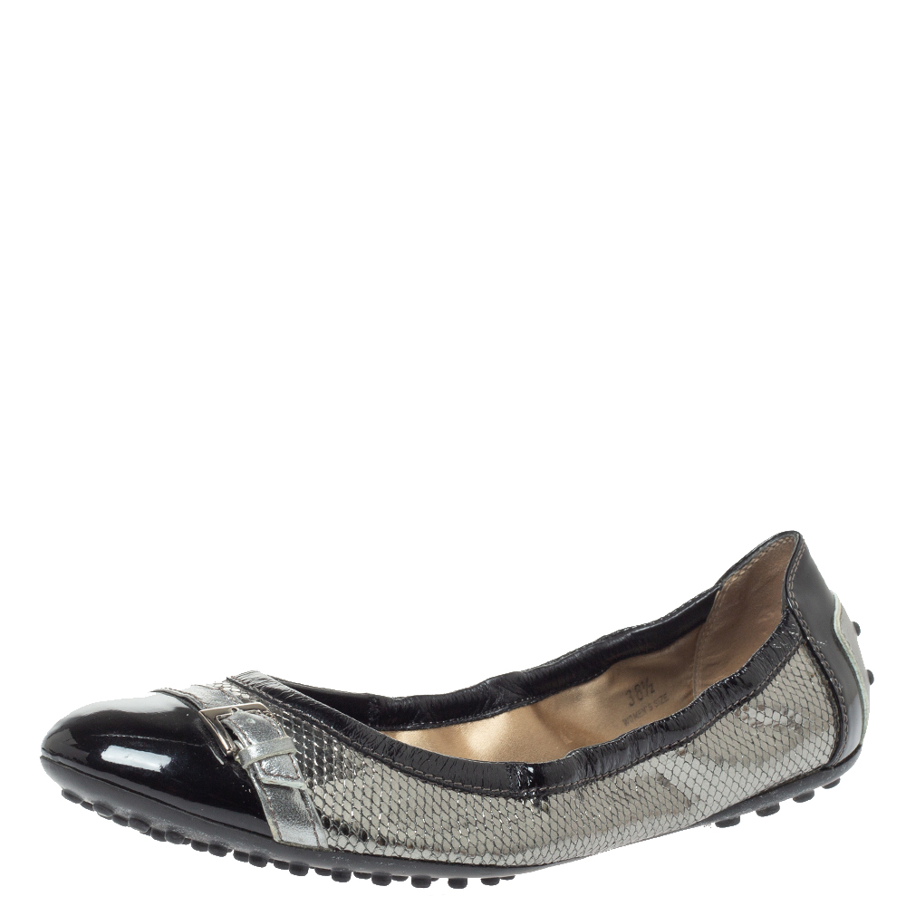 Tod's Black Patent And Metallic Grey Snakeskin Embossed Buckle Detail Ballet Flats Size 38.5