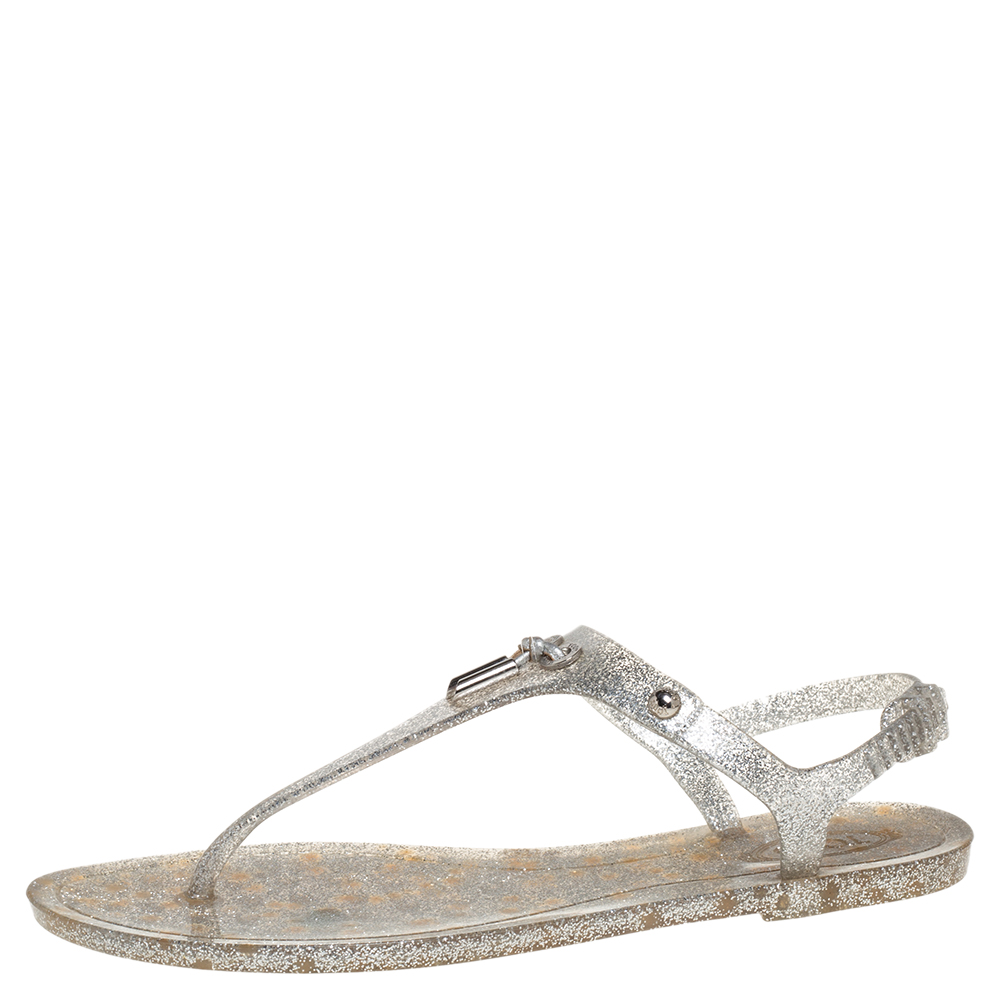 Image of Tod's Silver Jelly Tassel Detail Thong Flat Sandals Size