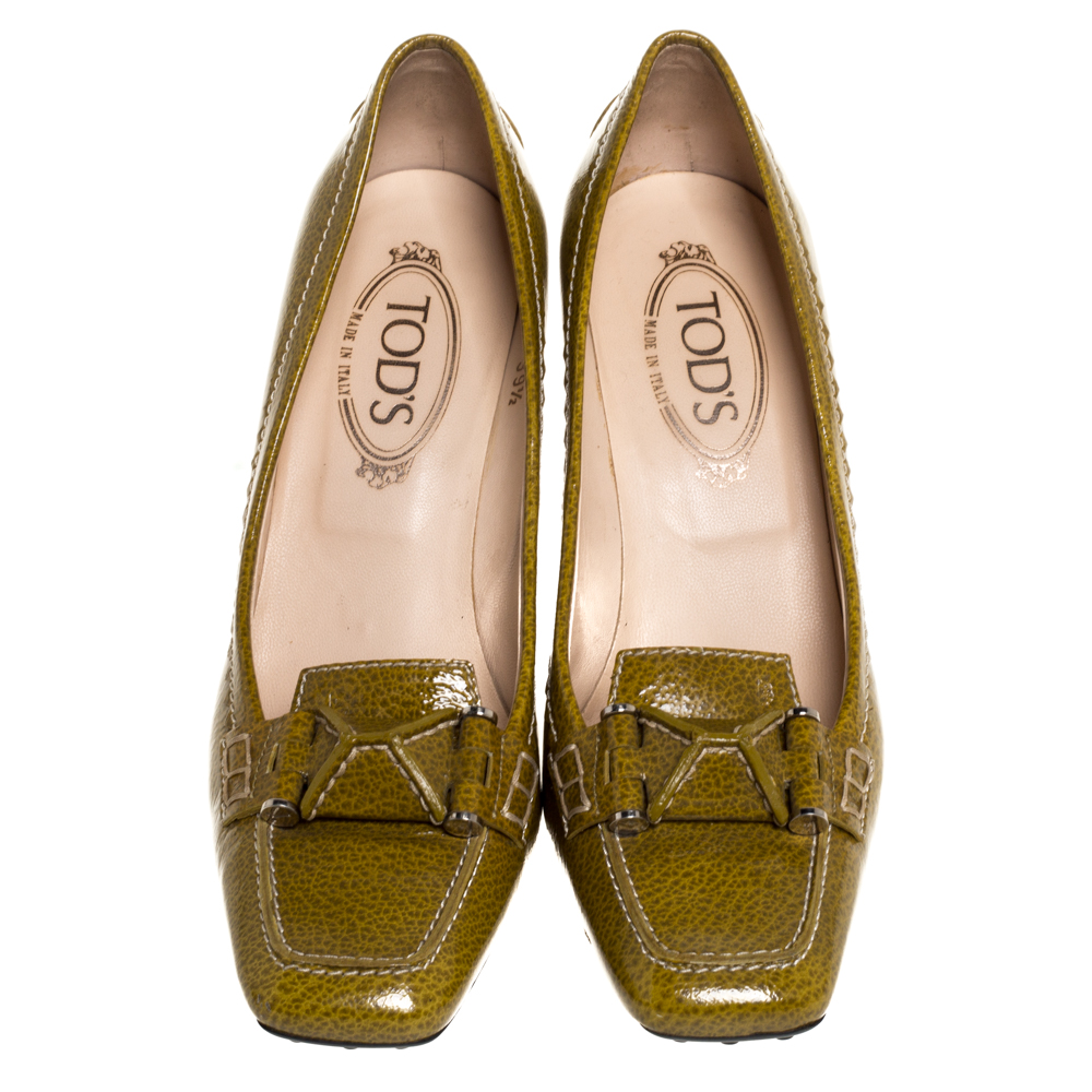 Tod's Yellow/Green Patent Leather Square Toe Loafer Pumps Size 39.5