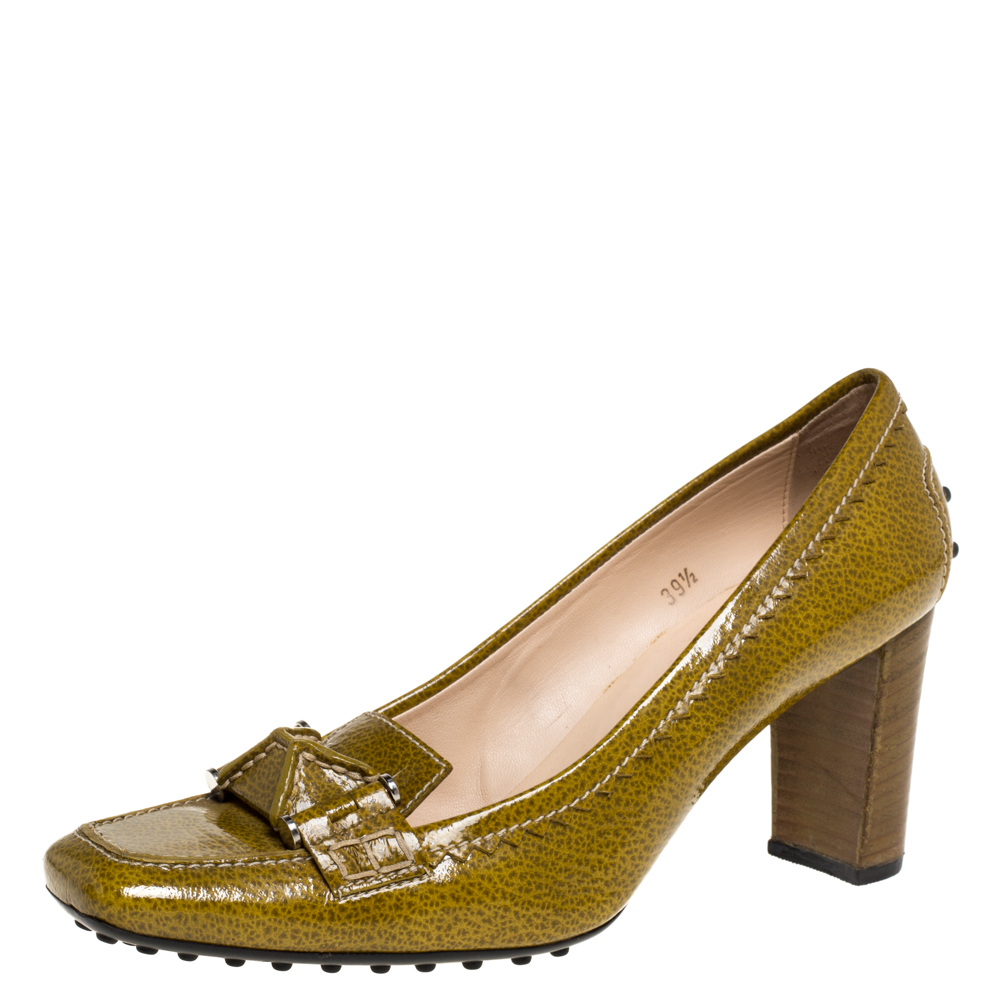 Tod's yellow/green patent leather square toe loafer pumps size 39.5