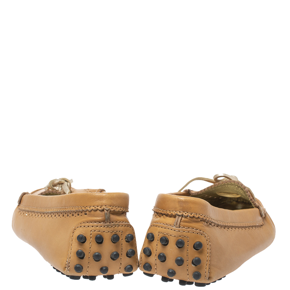 Tod's Tan Perforated Leather Bow Loafers Size 37.5