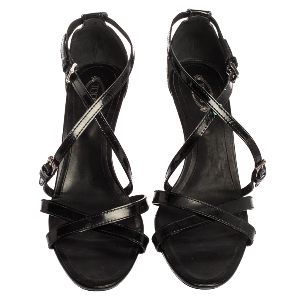 Tod's Black Patent Leather Ankle Strap Sandals Size 41