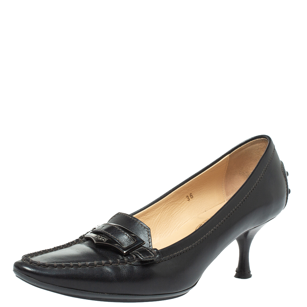Tod's Black Leather Pointed Toe Penny Loafer Pumps Size 36