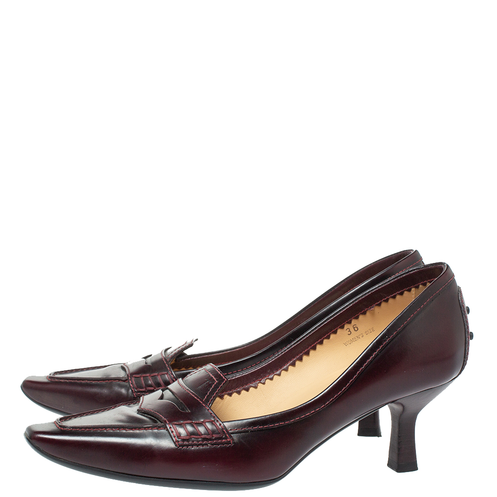 Tod's Burgundy Leather Pointed Toe Penny Loafer Pumps Size 36