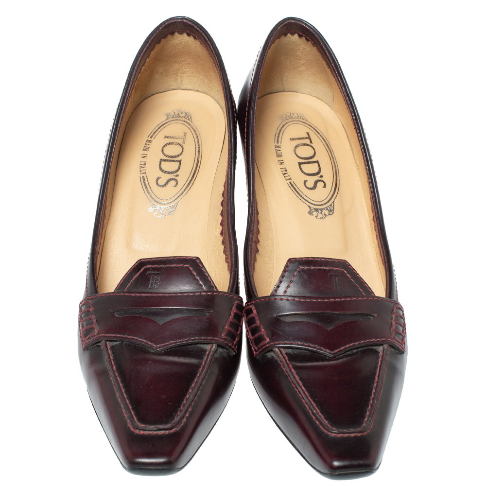 Tod's Burgundy Leather Pointed Toe Penny Loafer Pumps Size 36