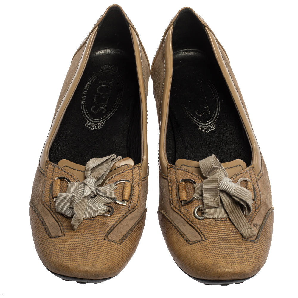 Tod's Beige Patent, Lizard Embossed Leather And Suede Bow Flats Size 36