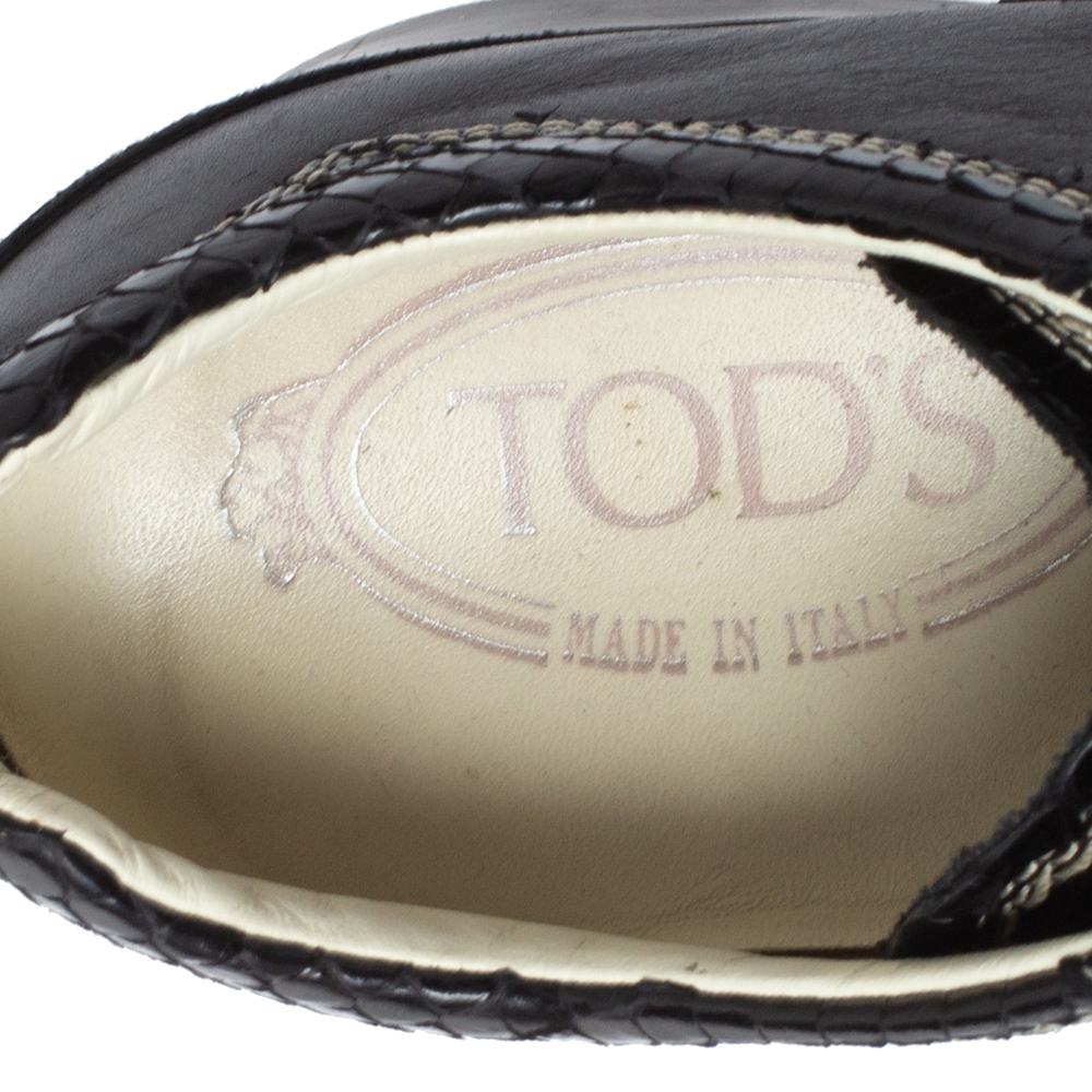 Tod's Black Leather, Suede And Python Trim Lace Low Top Sneakers Size 36