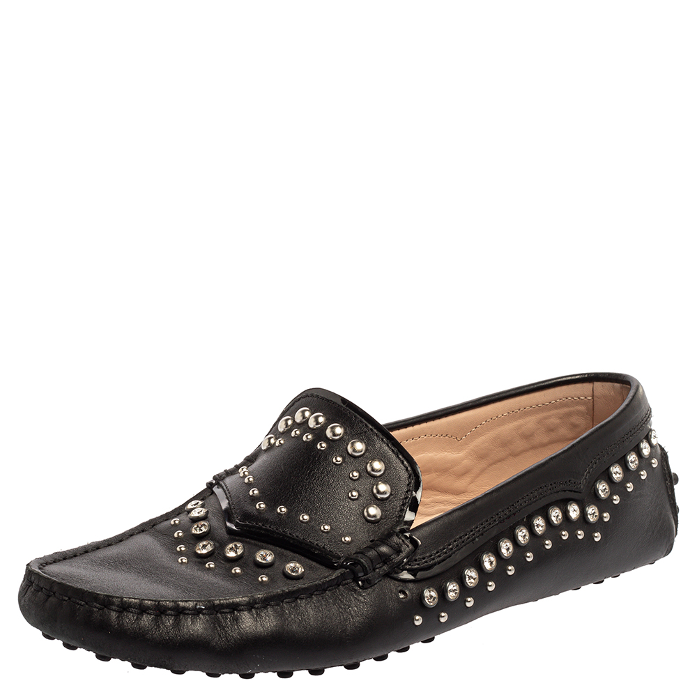 Image of Tod's Black Leather Crystal Embellished Gommino Loafers Size