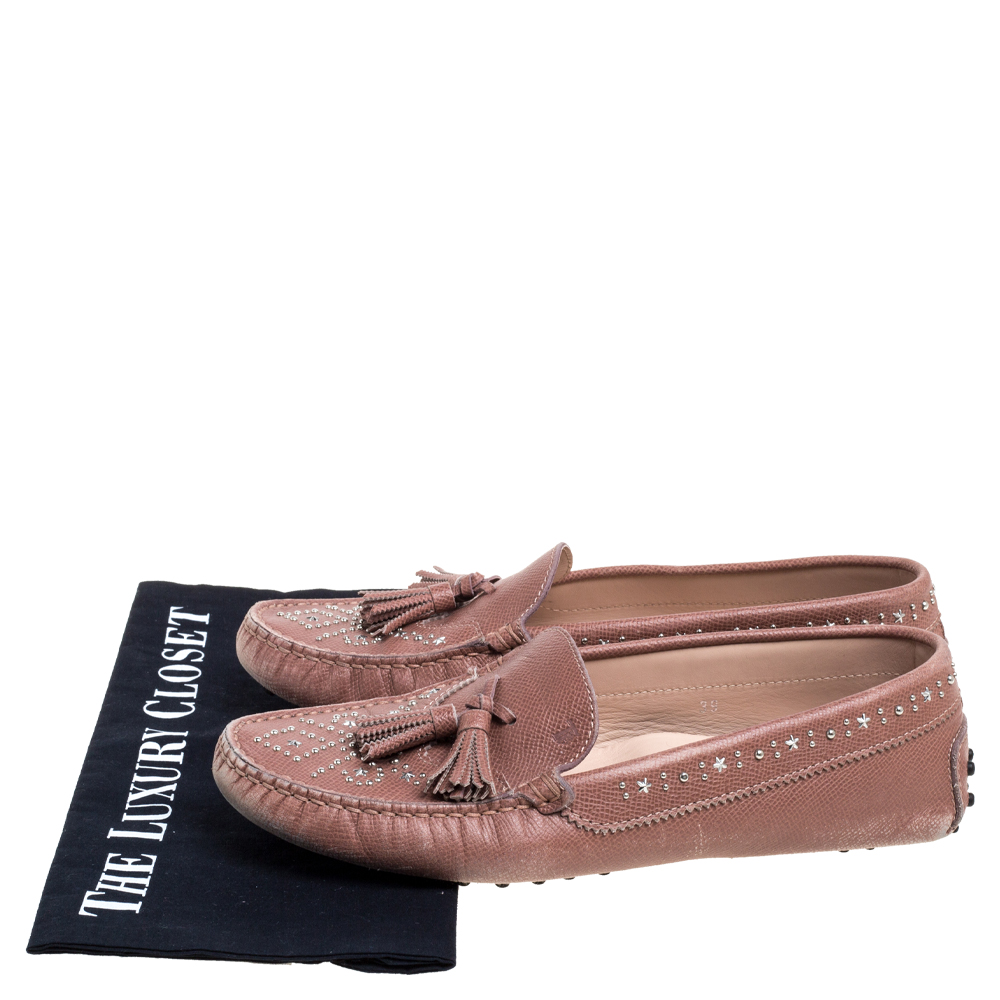 Tod's Blush Pink Leather Tassel Embellished Loafers Size 39