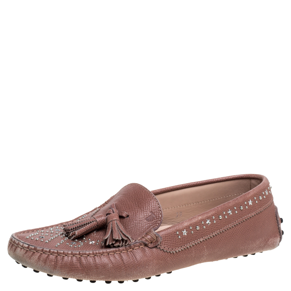 Tod's blush pink leather tassel embellished loafers size 39