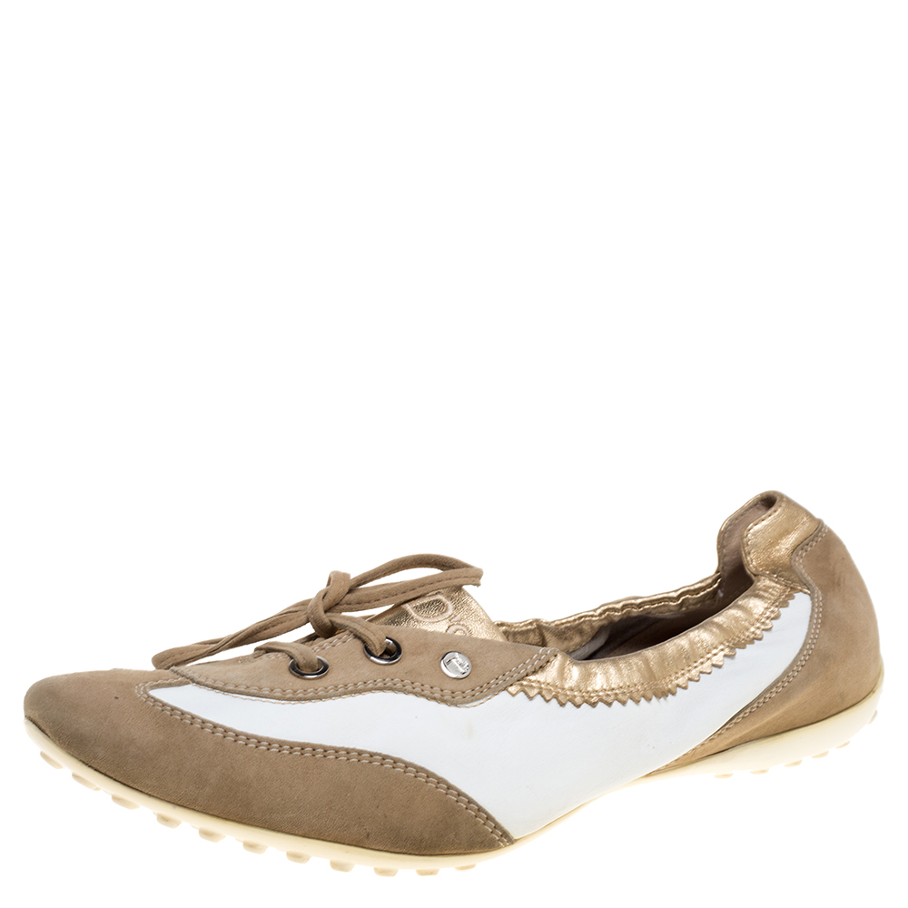 

Tod's White/Gold Leather and Suede Gomma Lace Slip On Sneakers Size