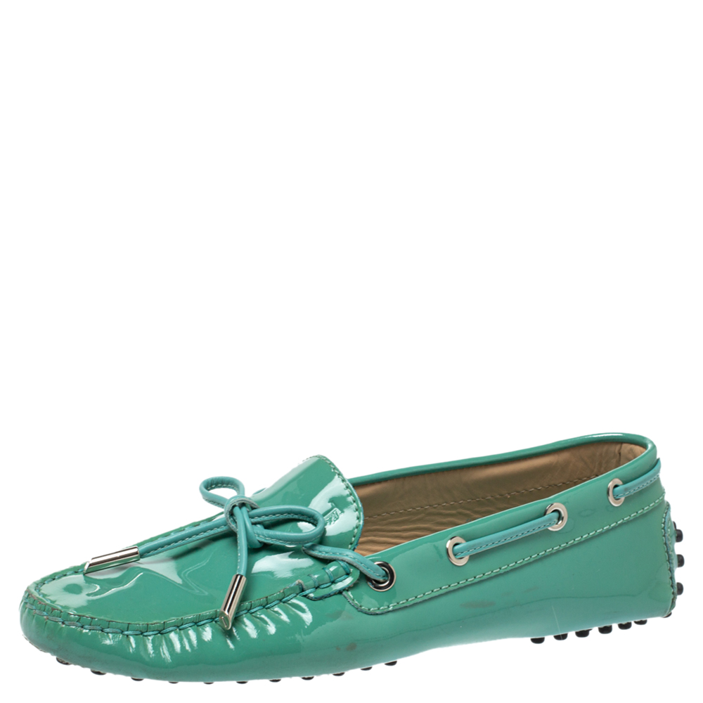 Tod's Pale Green Patent Leather  New Gommini Loafers Size 36.5