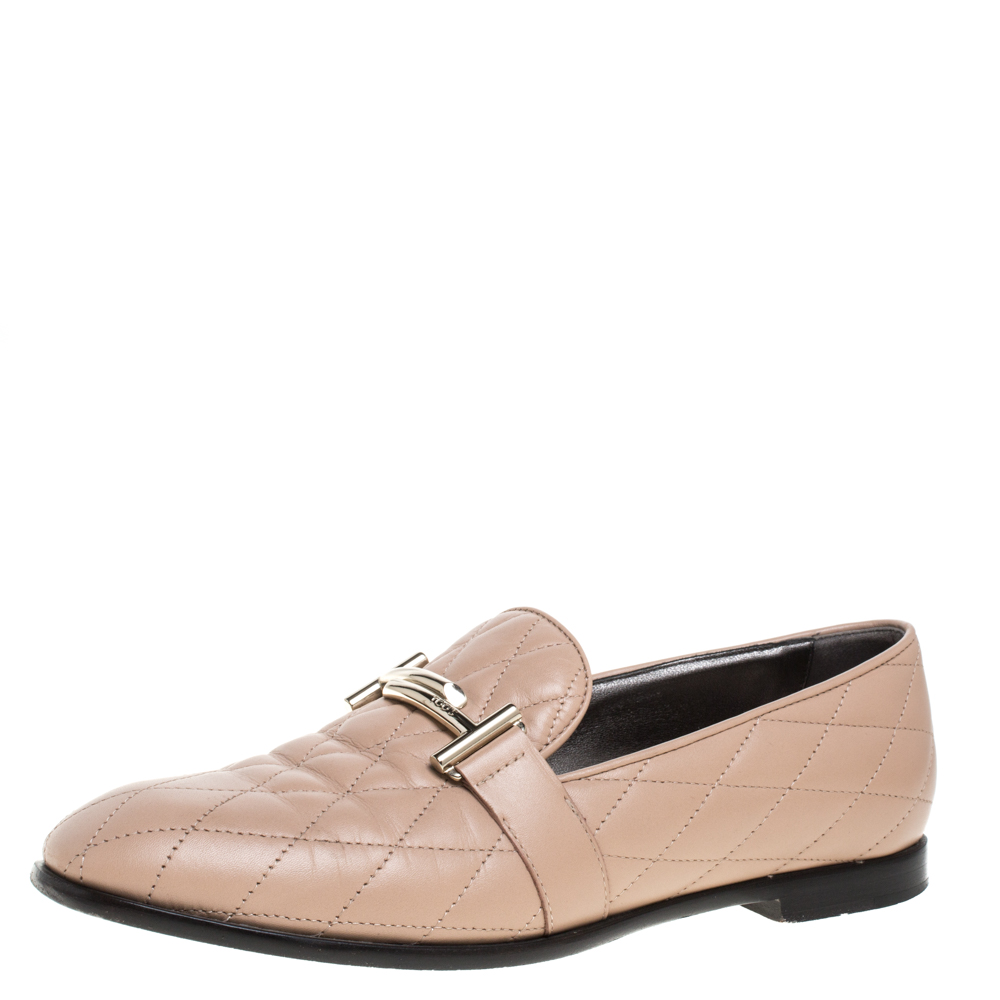 Image of Tod's Beige Quilted Leather Double T Loafers Size