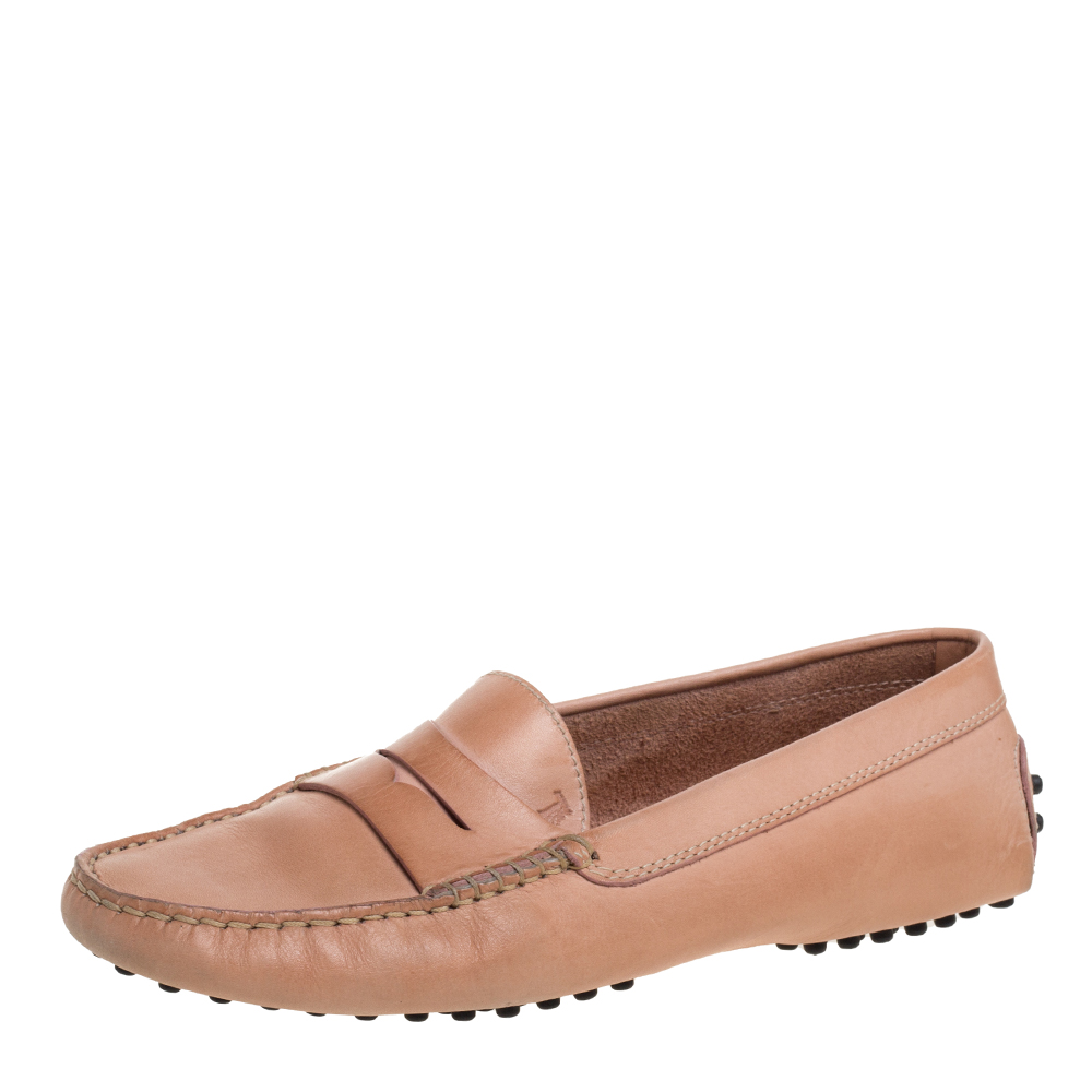 Image of Tod's Beige Leather Penny Slip On Loafers Size .