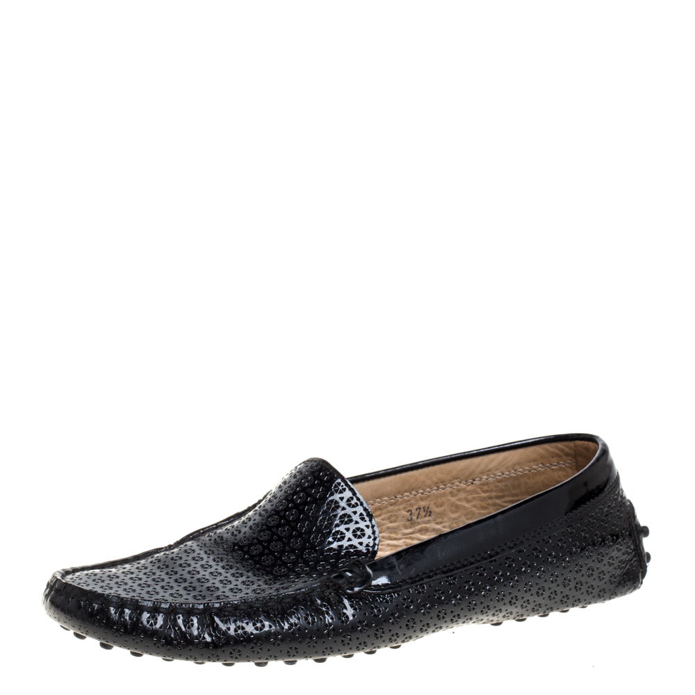 Image of Tod's Black Laser Cut Patent Leather Driving Loafers Size .