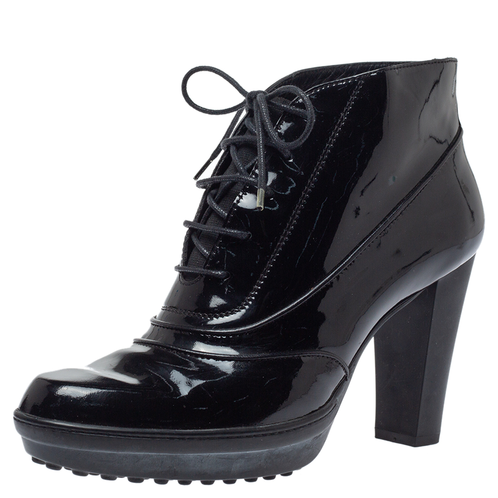 Image of Tod's Black Patent Leather Lace Up Ankle Boots Size .