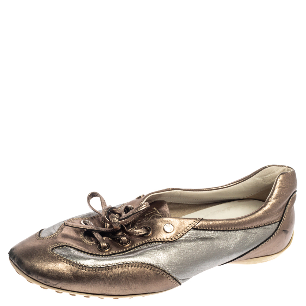 Tod's Metallic Bronze/Silver Leather Low Top Sneakers Size 38.5