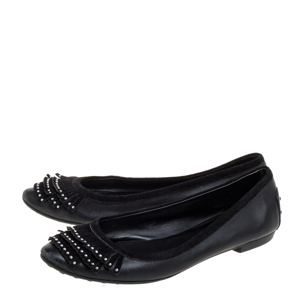 Tod's Black Leather And Suede Fringe Ballet Flats Size 37.5