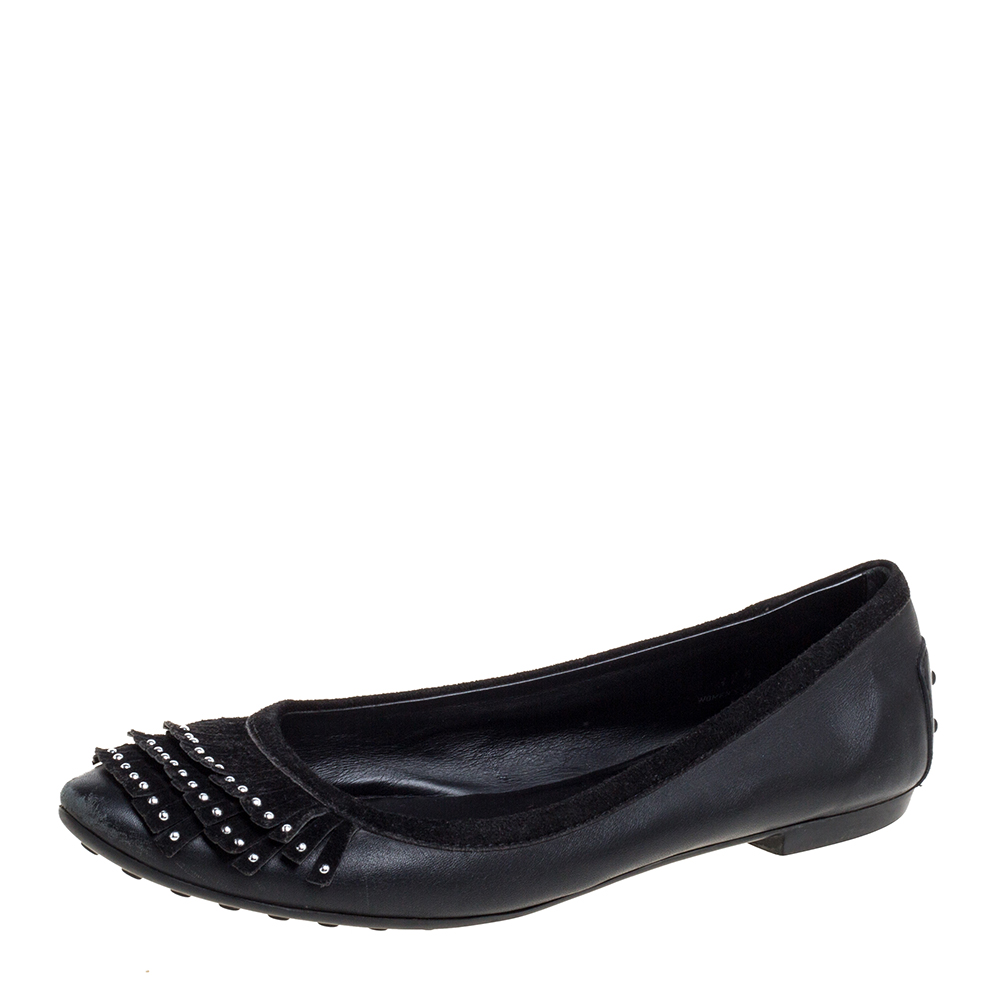 Tod's Black Leather And Suede Fringe Ballet Flats Size 37.5