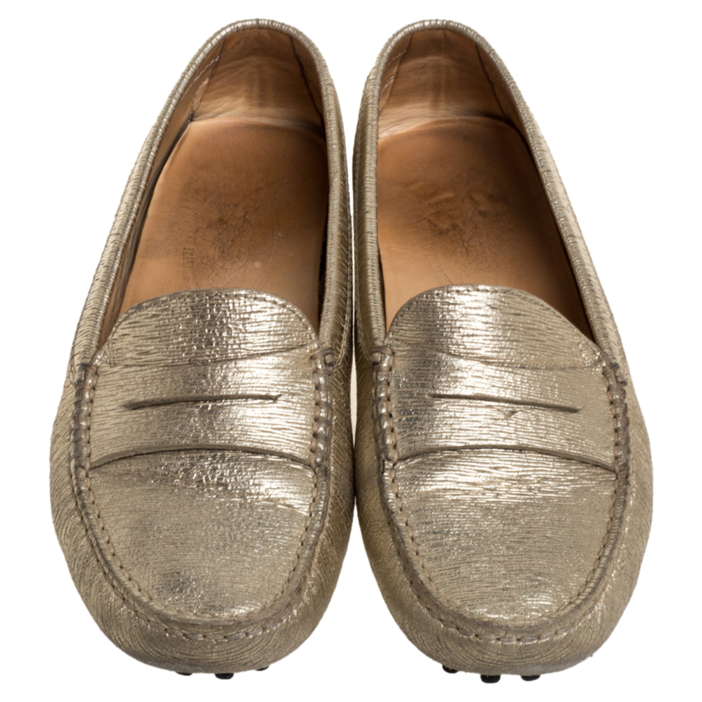 Tod's Metallic Gold Leather Penny Loafers Size 35.5