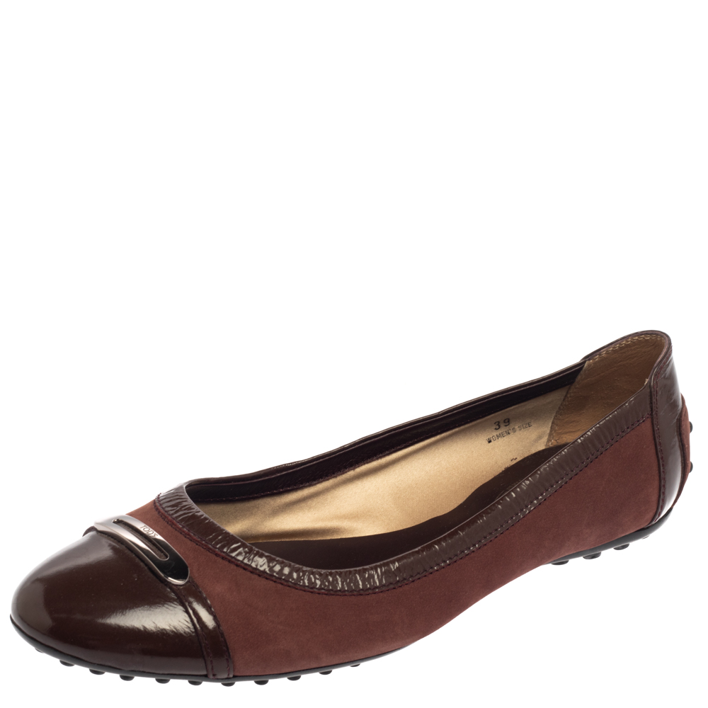 Tod's Two Tone Brown Suede And Patent Leather Cap Toe Ballet Flats Size 39