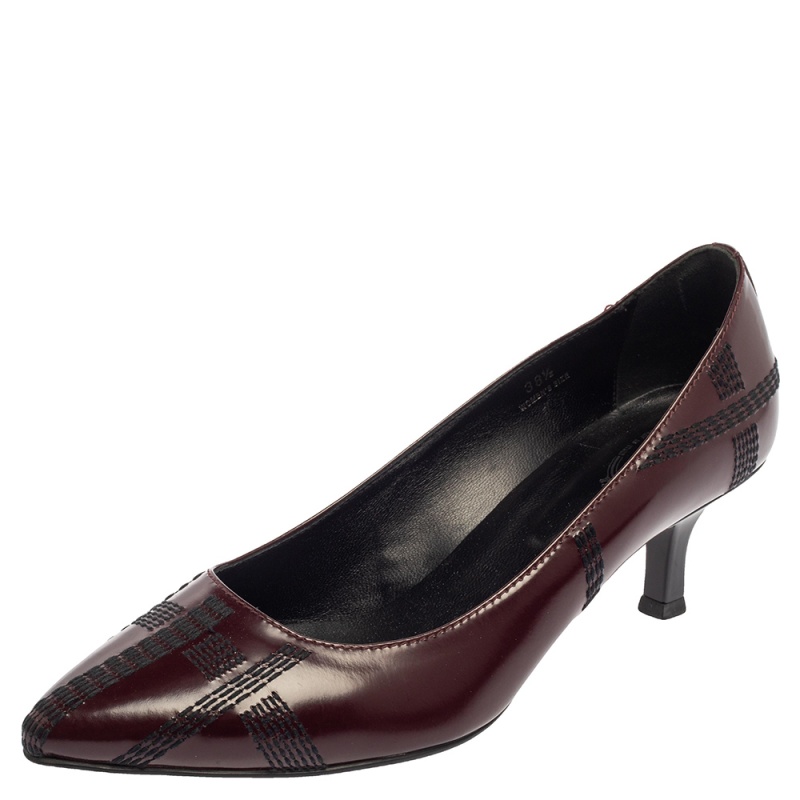 Tod's Burgundy Leather Embroidered Pointed Toe Pumps Size 38.5