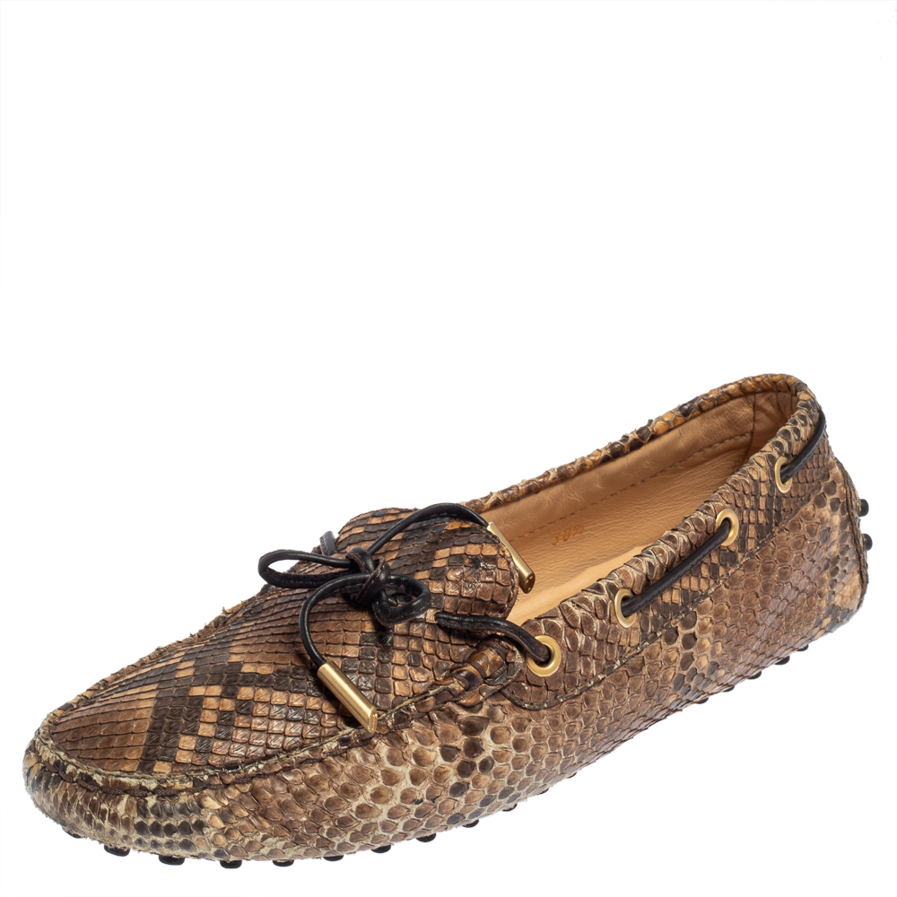 Tod's Brown/Beige Python Gommino Bow Slip On Loafers Size 38.5