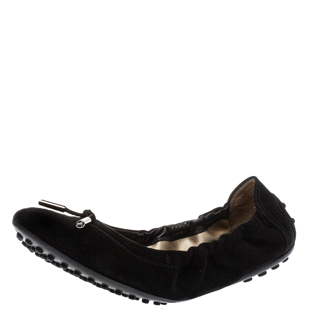 Tod's Black Suede Bow Scrunch Ballet Flats Size 36.5