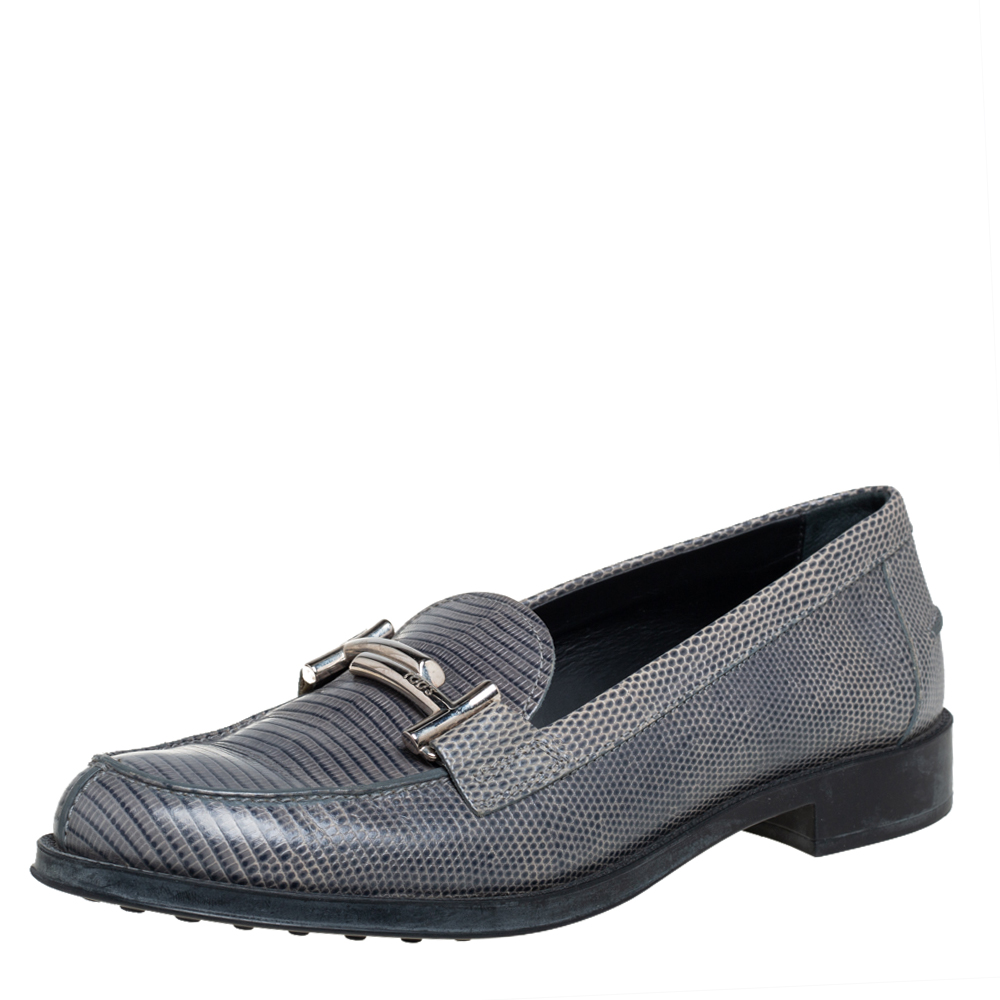 Tod's Grey Lizard Leather Slip On Loafers Size 38