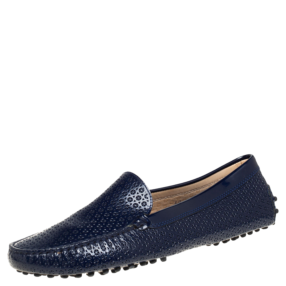 Tod's Navy Blue Laser Cut Patent Leather Slip On Loafers Size 40