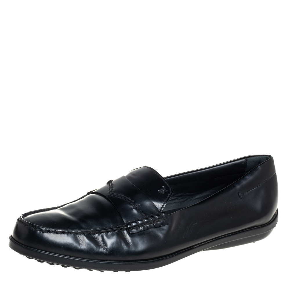 Tod's Black Leather Penny Slip On Loafers Size 38.5