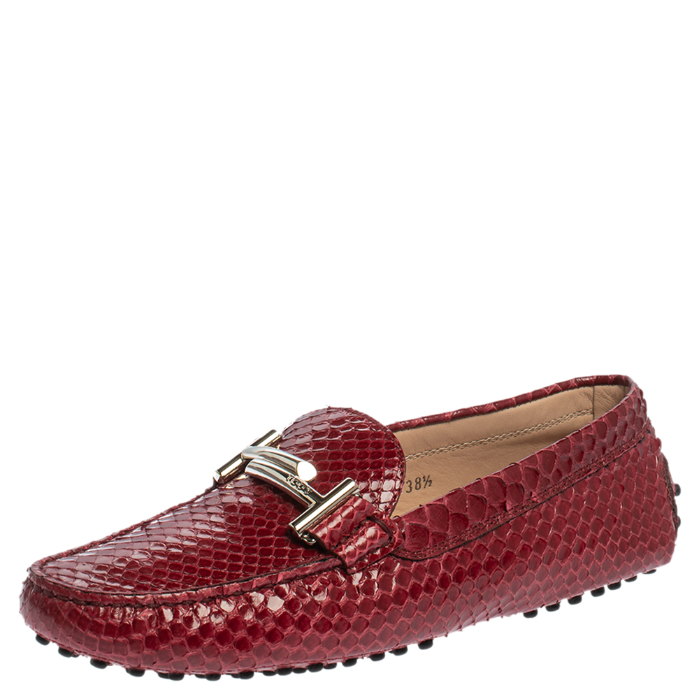 Tod's Red Python Double T Slip On Loafers Size 38.5