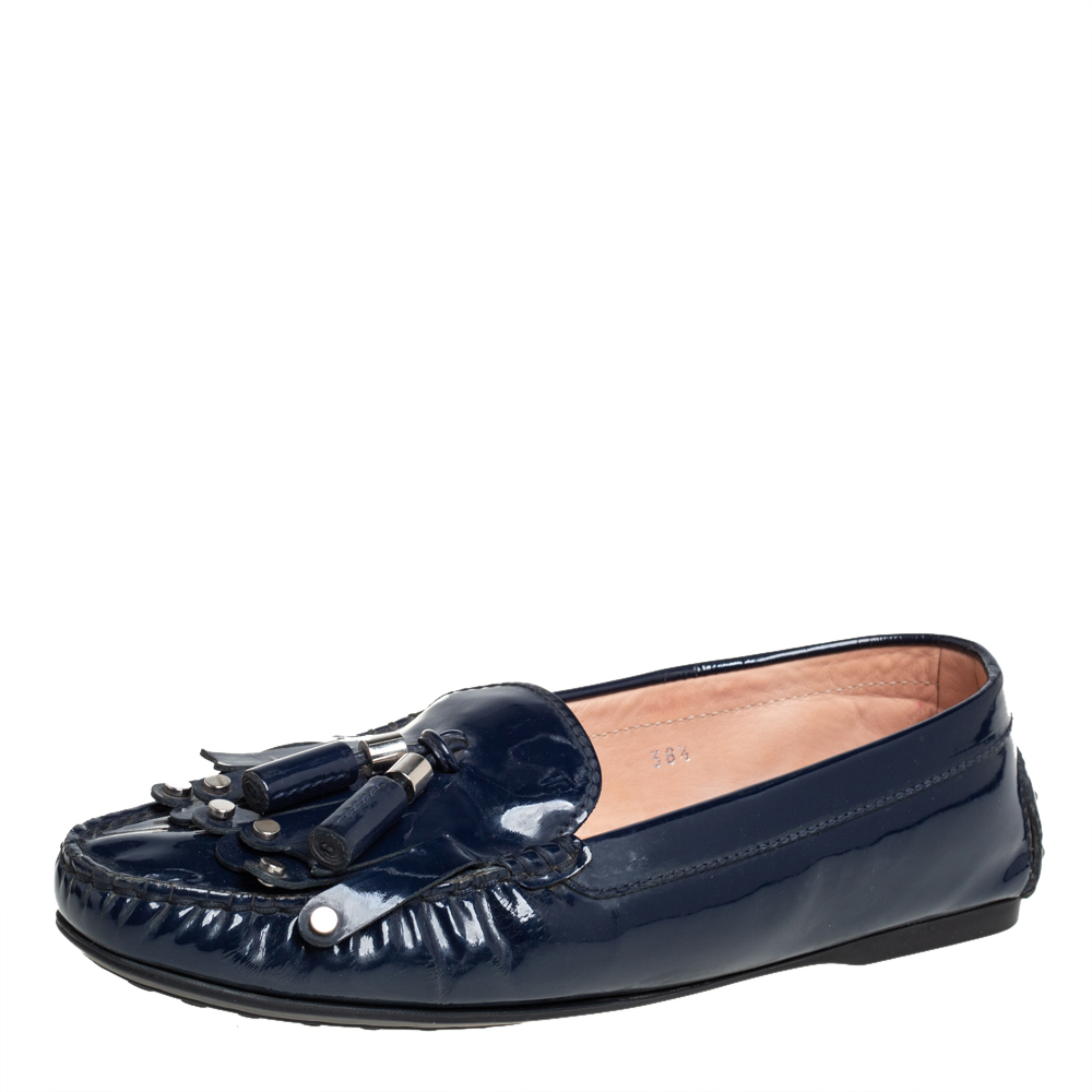 Tod's Blue Patent Leather Slip On Loafers Size 38.5