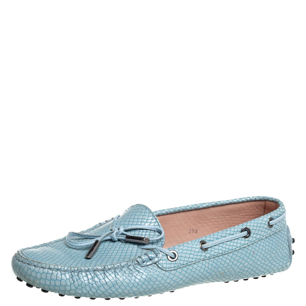 Tod's Blue Python Embossed Leather Slip On Loafers Size 39.5