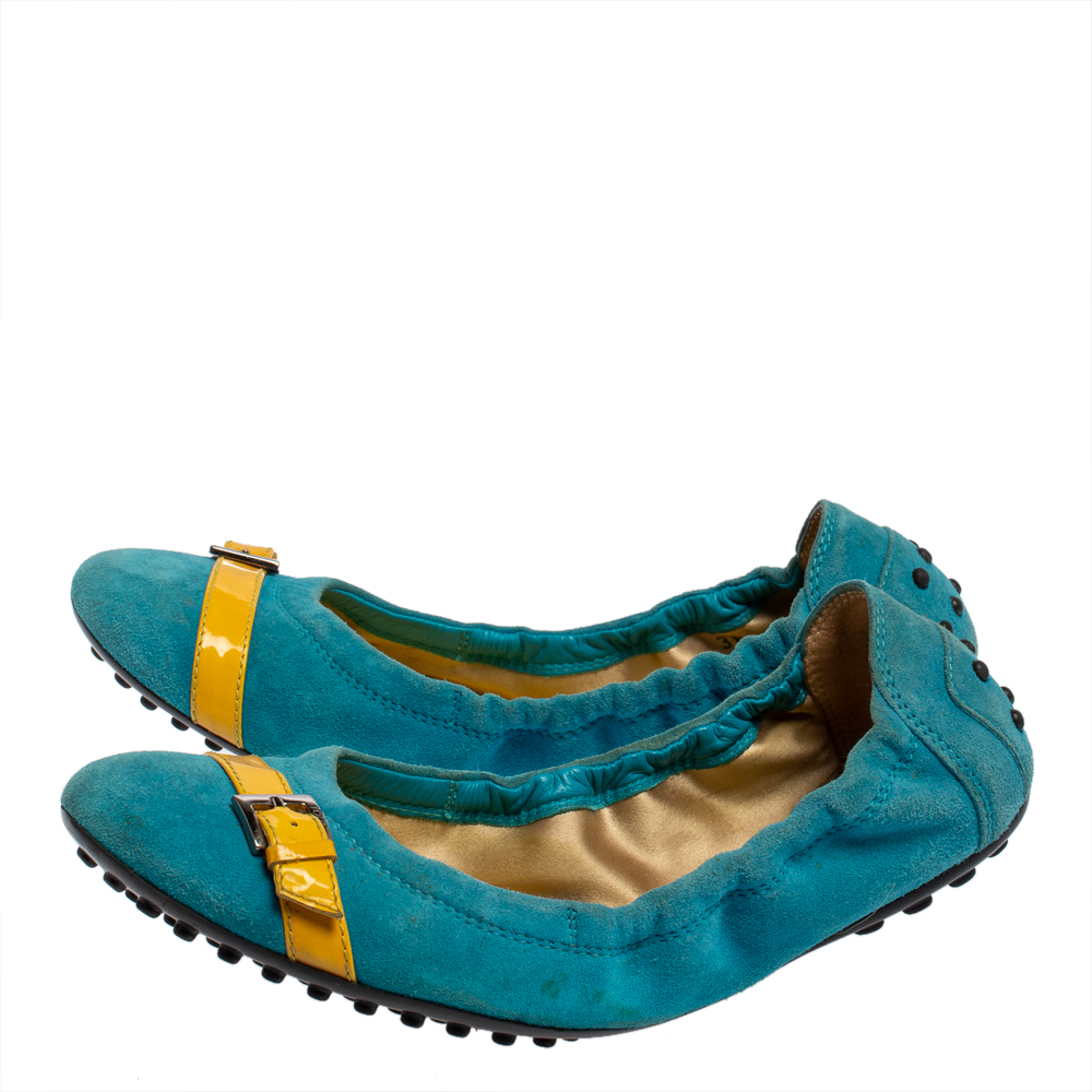Tod's Blue/Yellow Suede And Patent Trim Buckle Detail Scrunch Ballet Flats Size 36