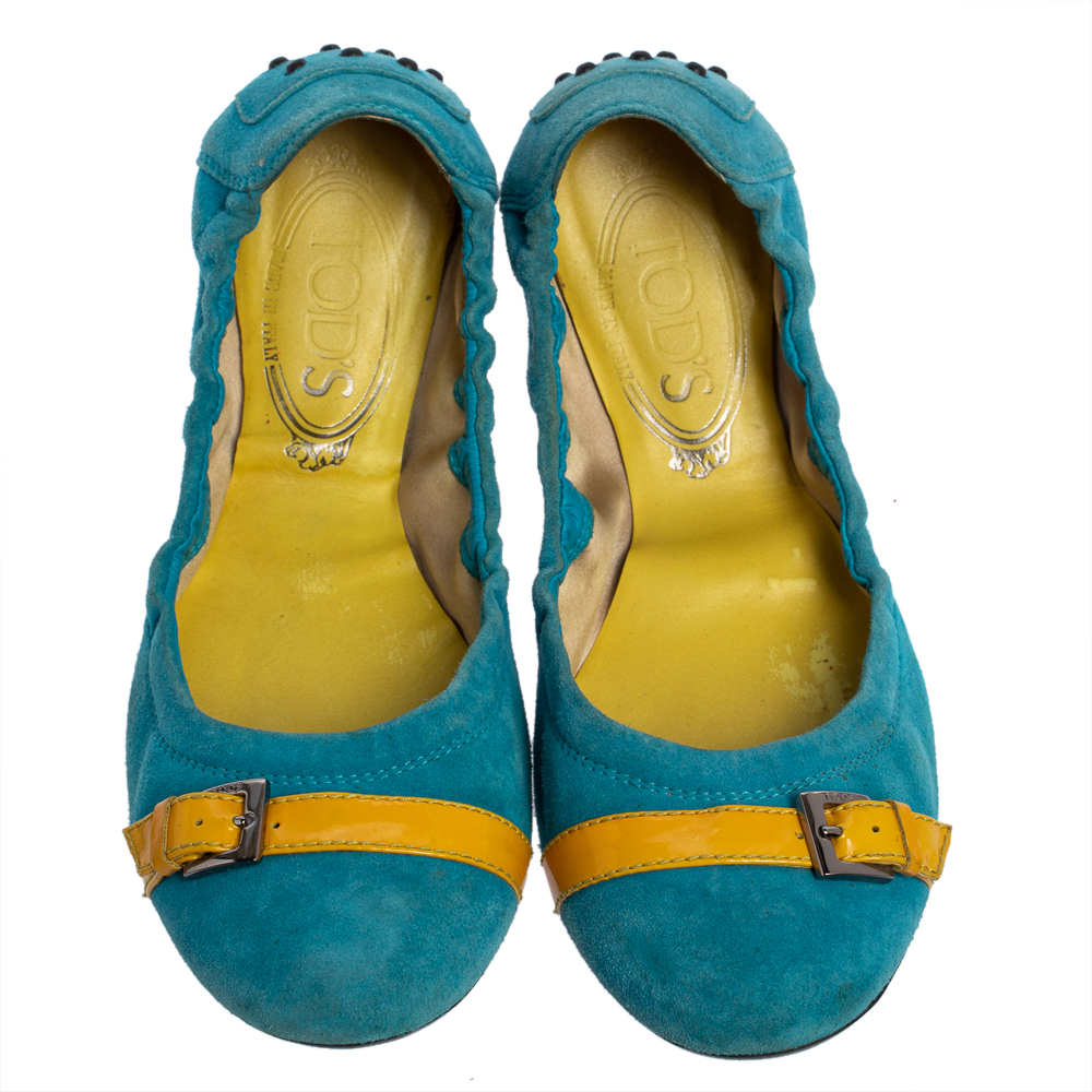 Tod's Blue/Yellow Suede And Patent Trim Buckle Detail Scrunch Ballet Flats Size 36