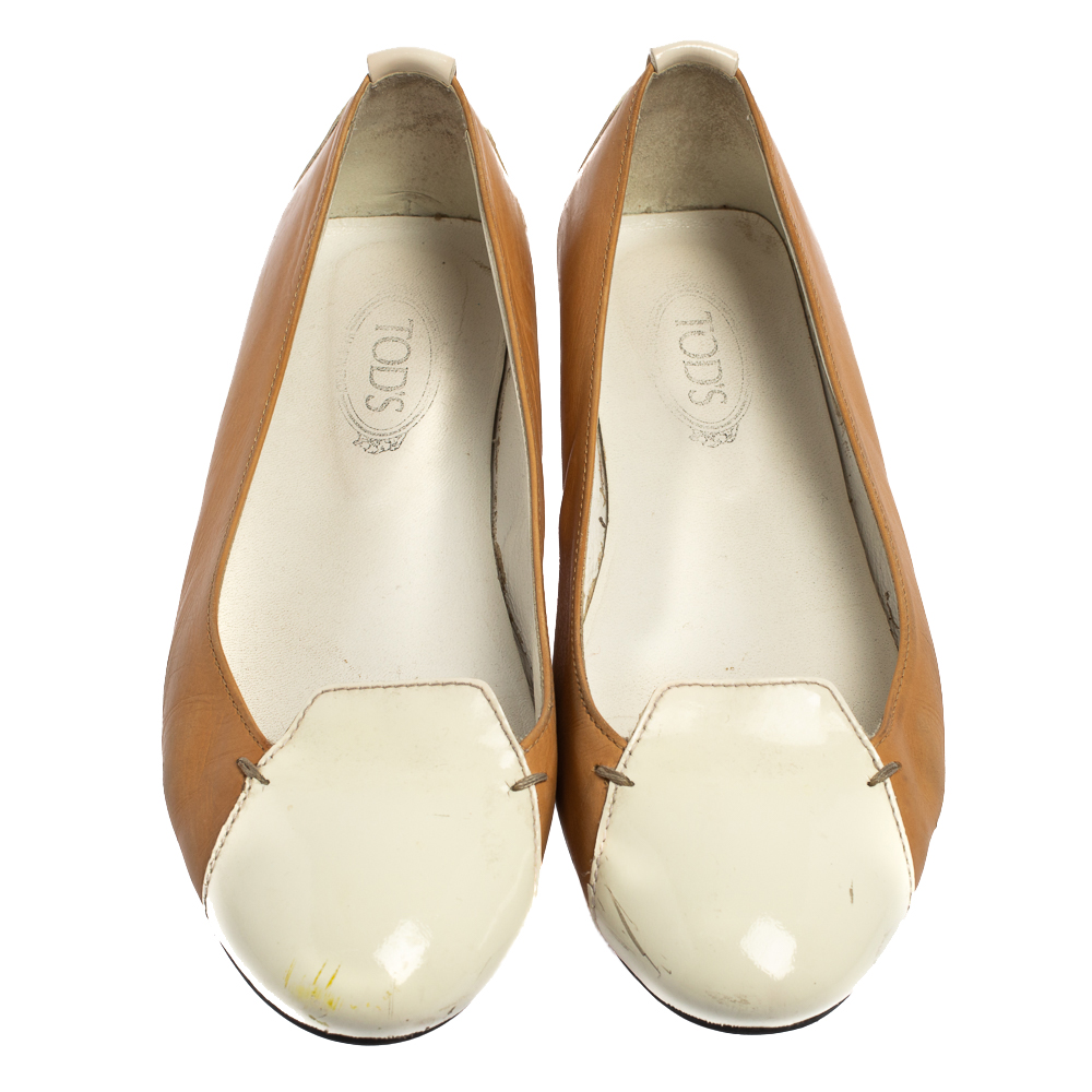 Tod's White/Brown Patent And Leather Ballet Flats Size 36