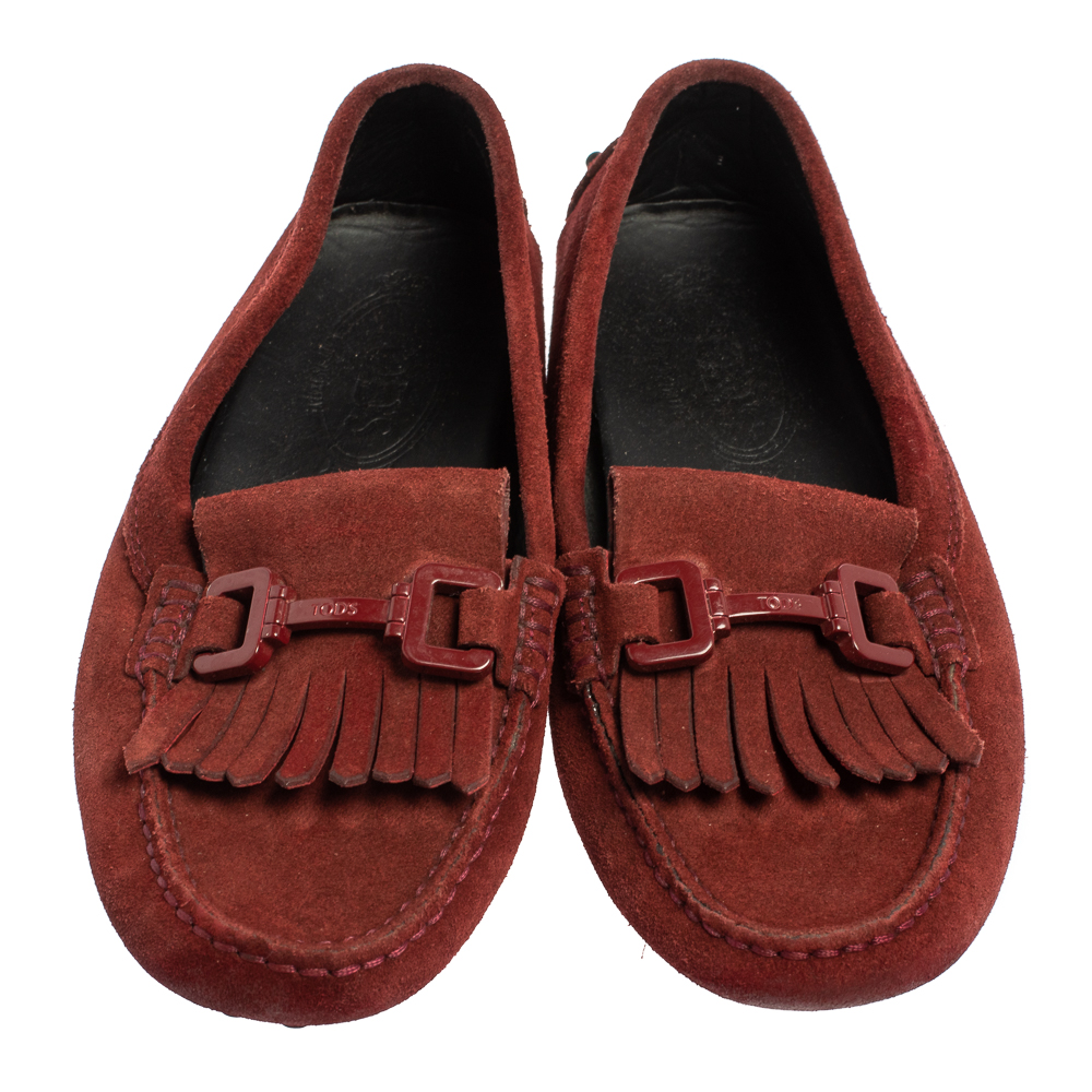 Tod's Burgundy Suede Tassel Slip On Loafers Size 35.5