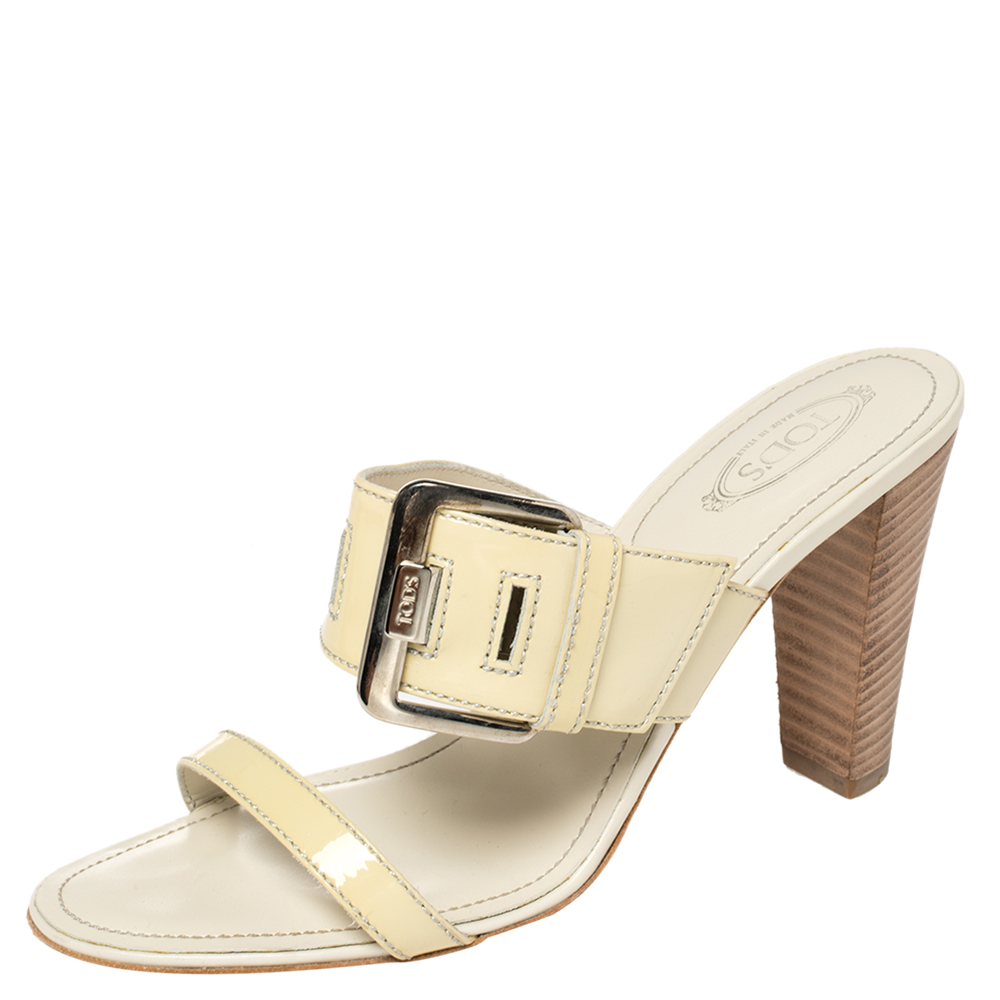 Tod's Beige Patent Leather Peggy Buckle Slide Sandals Size 39